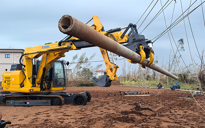 “摩羯”来袭，，，OK138太阳集团官网开挖立杆一体机跑赢时间助力抗灾复电抢修